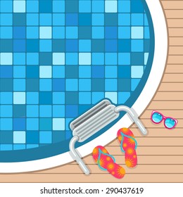 Vector top view of swimming pool with steel ladder, flip flops and sunglasses