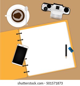 Vector top view of table with Spiral Sketchbook, Pencil, Eraser, Smartphone, Camera and a cup of coffee