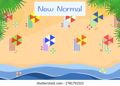 Vector - Top view of towel, umbrella, swim ring on the beach. Social distancing. Header New Normal during Coronavirus (Covid-19) pandemic. Healthcare, Protection concept.