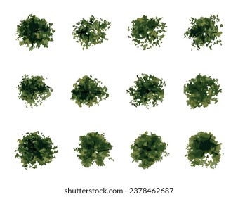 vector top view of trees and bushes vector illustrations set. landscape elements for garden, park or forest, plants
