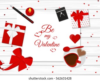 Vector Top View of Valentine's Day Elements on Desktop