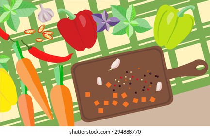  Vector  top view vegetables. Cooking flat design set . Paprika, carrots,basil, chilli pepper, on a table cloth. Healthy vegetarian food. Chopped vegetables on the choping board. Flat design.