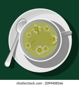 Vector top view of white ceramic cup with herbal chamomile tea on saucer with spoon isolated on green background.
