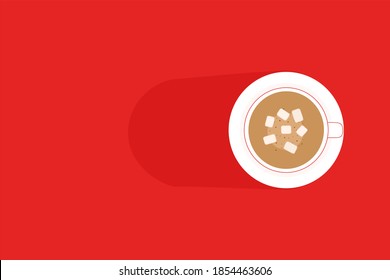 Vector - Top view of white hot coffee cup or chocolate on red table background with shadow. Topping marshmallow. Simple style. Beverage. Holiday season greeting. Copy space.