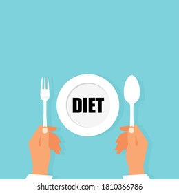 Vector top view of a woman sitting at a table in front of an plate thinking of diet choices 