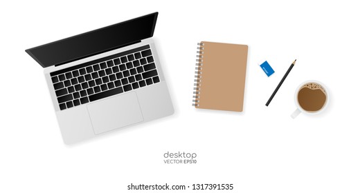 Vector top view working desk with laptop computer, notebook, pencil and a cup of coffee isolated on white background