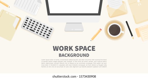 Vector top view of workplace background with desktop computer, keyboard, document file, paper, coffee, pen, pencil. Vector banner with copy space. Flat lay style. Place for text.