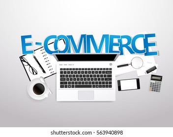Vector Top View of Workplace with e-commerce elements,