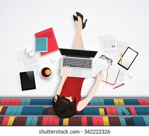 Vector top view of young woman sitting on floor with elements workplace. Library office