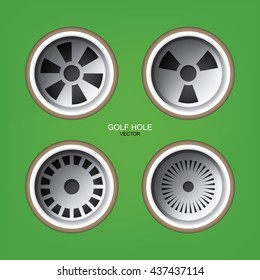 Vector top views golf holes set on green background of golf course.