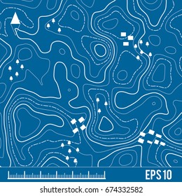 Vector topographic map on blue background with inscription and topography elements. Business concept. Abstract vector illustration