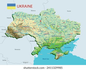 Vector Topographic map of Ukraine. Geographic map of Ukraine with borders of the regions. High detailed Ukraine physical map with labeling. Atlas with rivers, lakes, seas, mountains and plains.