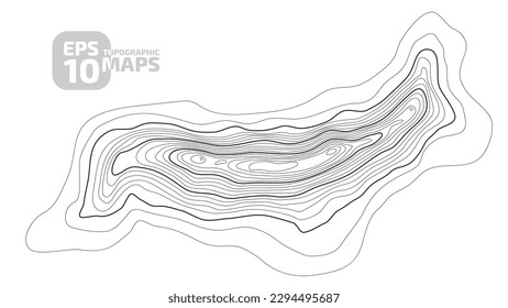 Topografía vectorial de contornos negros sobre un fondo blanco. Ilustración vectorial de las montañas geográficas. La textura del dibujo topográfico. Mapa del terreno, alturas de socorro. Mapa de la isla topográfica.