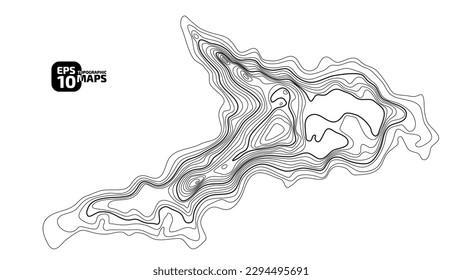 Vector topography of black contours on a white background. Vector illustration of geographic mountains. The texture of the topographic drawing. Map of  terrain, relief heights. Topographic island map.