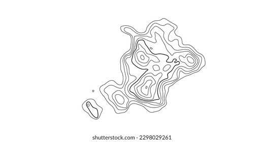 Vector topography of black contours on a white background. Vector illustration of geographic mountains. The texture of the topographic drawing. Map of  terrain, relief heights. Topographic island map.