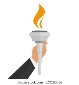 Vector torch icon in hand. Hot flame, power flaming, heat and liberty, victory success, glow triumph illustration.