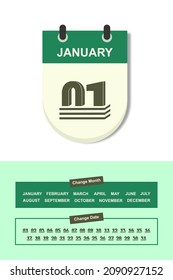 Vector is a torn calendar with a curved motif. Change day, change date. Flat icons for banners, backgrounds. Month and day changes are available.
