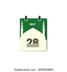 El vector es un calendario roto con el motivo de la mezquita del Profeta. Cambiar día, cambiar fecha. Iconos planos para banners, fondos. Ejemplo en la imagen, 28 de mayo.