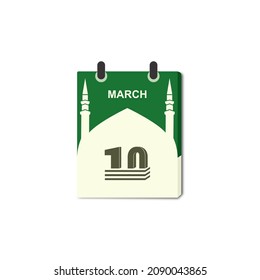 Vector is a torn calendar with the motif of the Prophet's Mosque. Change day, change date. Flat icons for banners, backgrounds. Example in the image, March 10th.