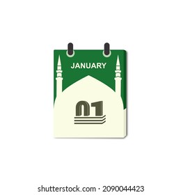 Vector is a torn calendar with the motif of the Prophet's Mosque. Change day, change date. Flat icons for banners, backgrounds. Example in the image, January1th.