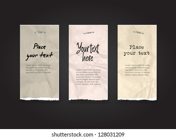 Vector torn and crumpled beige recycled paper banners / tags collection