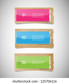 Vector torn glossy paper and old used stained cardboard banners attached with staples