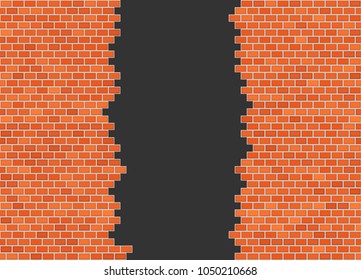 Vector torn in half brick wall background with big dark hole