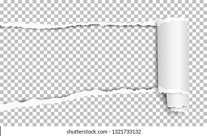 Vector torn hole from left to right side in sheet of transparent paper with curl and soft shadow