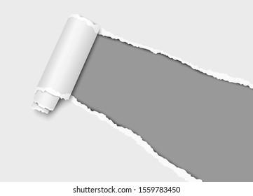 Vector torn hole in sheet of paper from lower right to upper left corner with curl, soft shadow and dark gray background