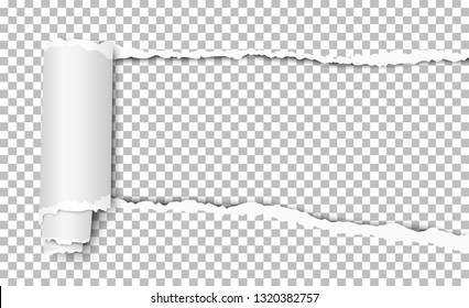 Vector torn hole in sheet of transparent paper with curl and soft shadow