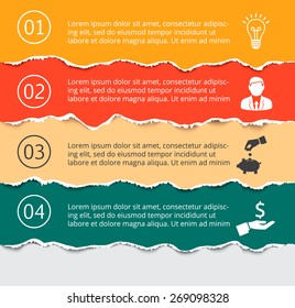 Vector torn pages for infographic. Template for diagram, graph, presentation and chart. Business concept with 4 options, parts, steps or processes. Abstract background