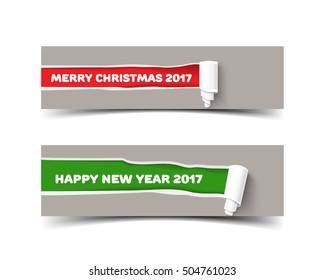 Vector torn paper banner with paper roll of Merry Christmas and Happy new year colors. Green and red ripped pieces of paper with shadow isolated on banner. Hole in paper with torn sides for web poster