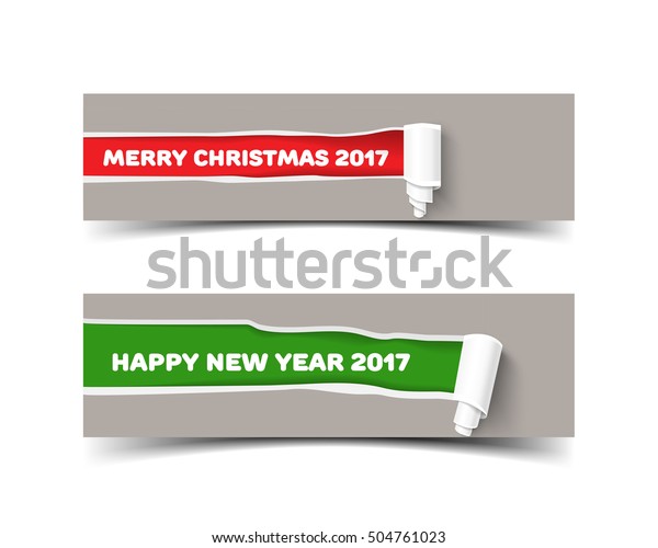 Vector torn paper banner with paper roll of Merry\
Christmas and Happy new year colors. Green and red ripped pieces of\
paper with shadow isolated on banner. Hole in paper with torn sides\
for web poster