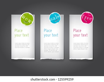 Vector torn paper banners with colorful round paper tags attached with staples