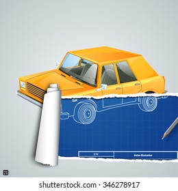 vector torn paper with blueprint car