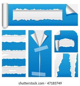 Vector torn paper design elements suitable for web or presentations. Rip, tear and peel variations included. JPG and TIFF versions of this vector illustration are also available in my portfolio