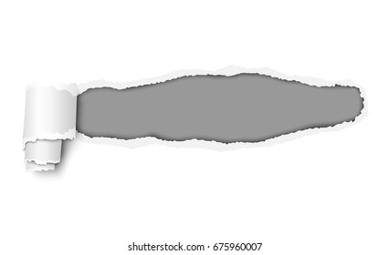 Vector torn paper hole with curl. Resulting window is dark gray and has space for text, copy or ad. Template paper design.