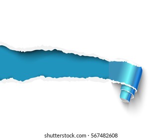 Vector torn paper roll. Banner with space for text. Blank paper template with blue paper scroll
