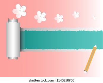 Vector torn paper with space for text vintage color design with flower and pencil.