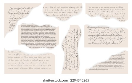 Vector torn pieces of old paper with handwpitten and typewriter text. Eight elements with tear paper effect. Sizable, editable vector.