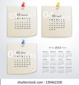 Vector torn sheets of paper with pushpins. Calendar 2013 year.