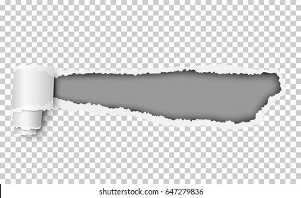 Vector torn transparent sheet of paper with soft shadow, paper curl and dark gray background in the resulting hole. Template design.