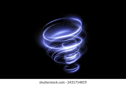 Vector tornado blue , winter whirlwind blue , light funnel neon, swirling neon lines light. Festive design element. Vector png.	