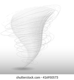 Vector tornado illustration. Abstract tornado swirl isolated on white background. Graphic whirlwind with particles, wind vortex effect. 