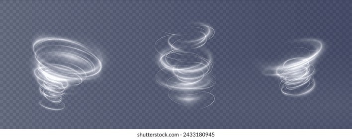 Vector tornado white, winter whirlwind white , light funnel white , swirling white lines light. Festive design element. Vector png.	
