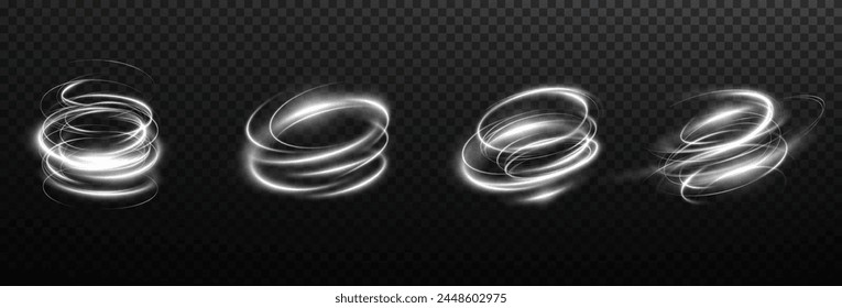 Vector tornado white, winter whirlwind, light funnel white , swirling white lines light. Light white Twirl. Curve light effect of line. Png.
