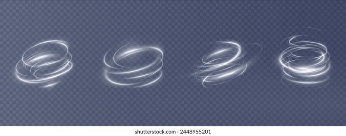 Vector tornado white, winter whirlwind white , light funnel white , swirling white lines light. Festive twirl design element. Vector png.