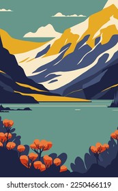 vector Torres Del Paine national park mountain lake nature poster illustration