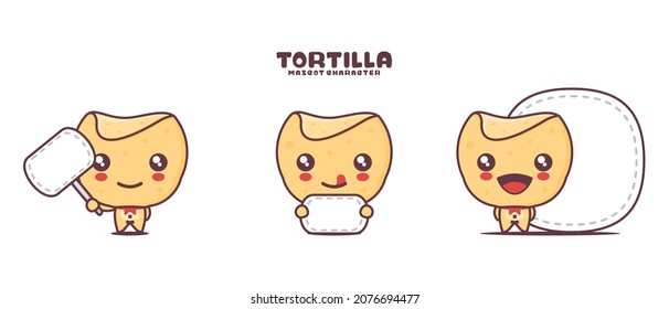 vector Tortilla cartoon mascot, with blank board banner, isolated on a white background.