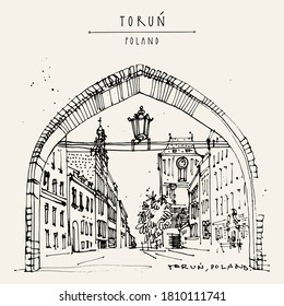 Postal del vector Torun. Antiguo centro histórico de Torun, Polonia, Europa del Este. Arco y calle en el casco histórico. Postal de viaje con mano de cosecha de vintage